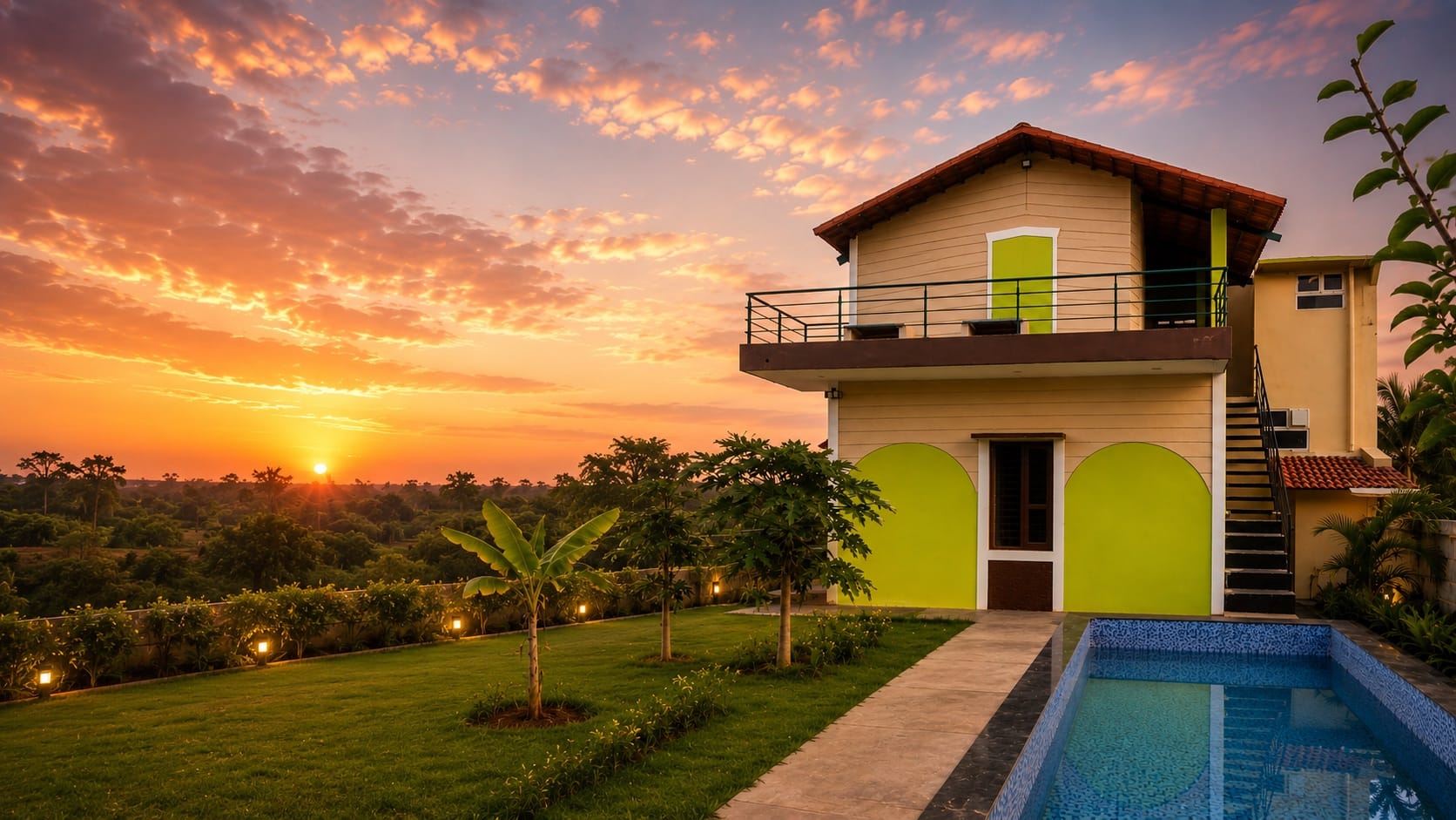 Villajo Resorts property at sunset, with private pool and garden